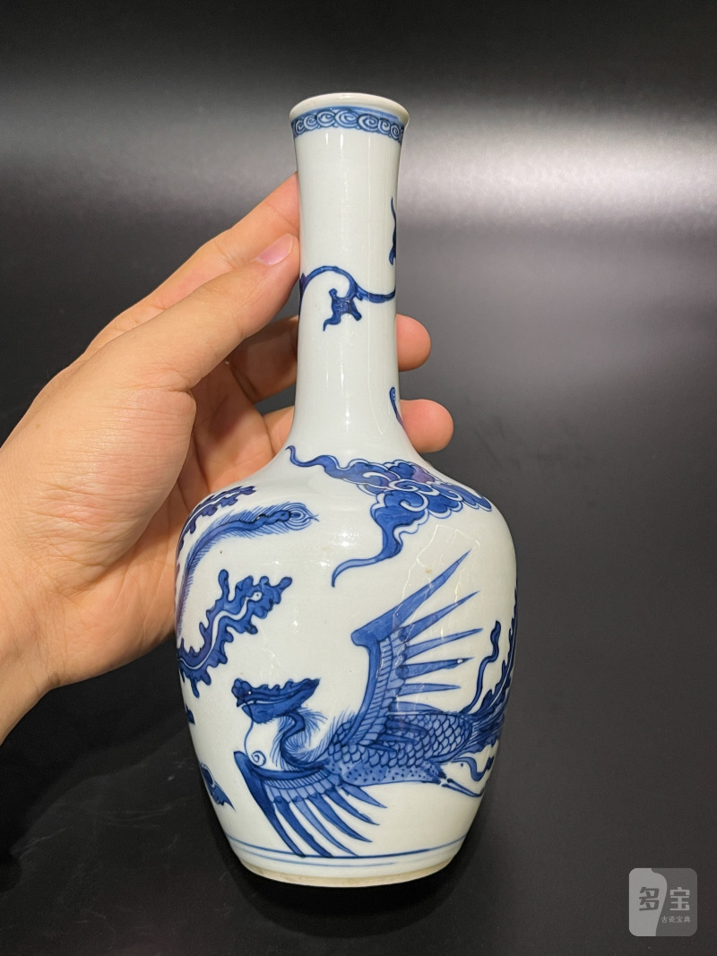 清康熙 青花凤纹长颈瓶 - 图4